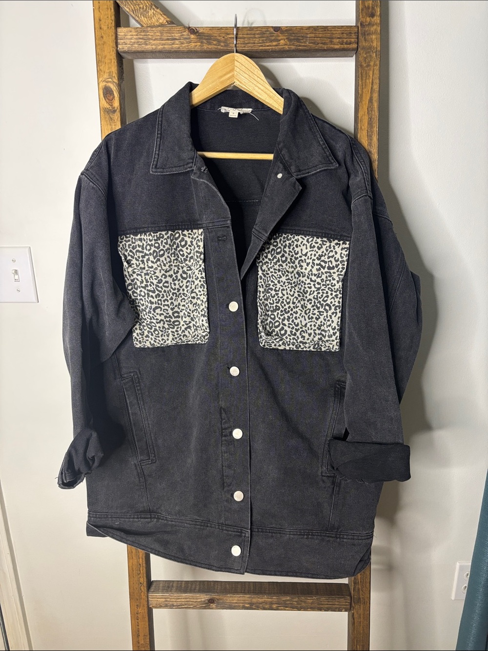 Before You Black Denim Shacket with Leopard-Print Chest Pockets Size S